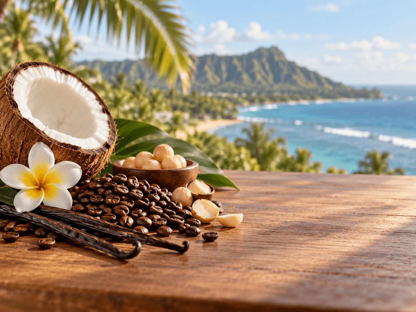 Coffee beans with coconut, vanilla, macadamia nuts and tropical flowers