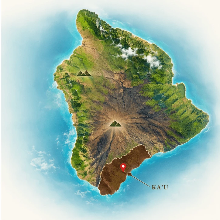 Map of Hawai‘i Island highlighting the Ka‘u district