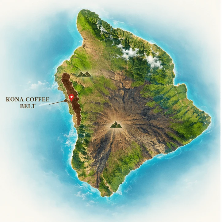 Map of Hawai‘i Island highlighting the Kona Coffee Belt