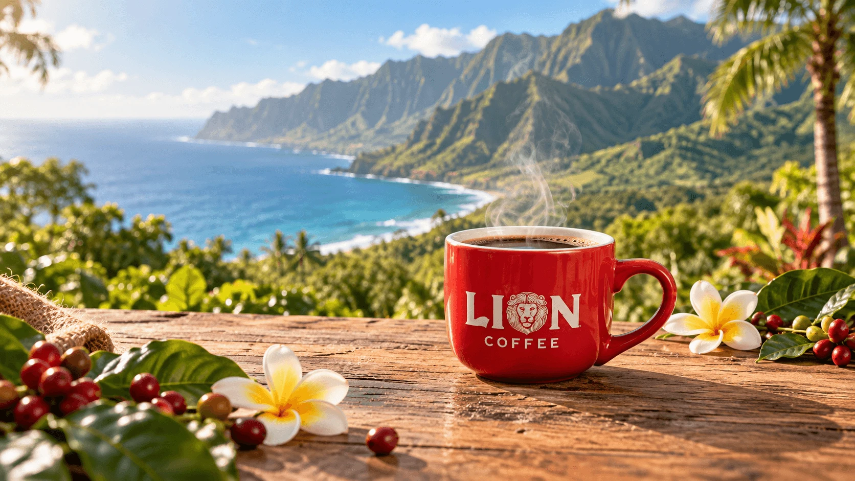 Red Lion Coffee mug filled with coffee overlooking a Hawaii coastline