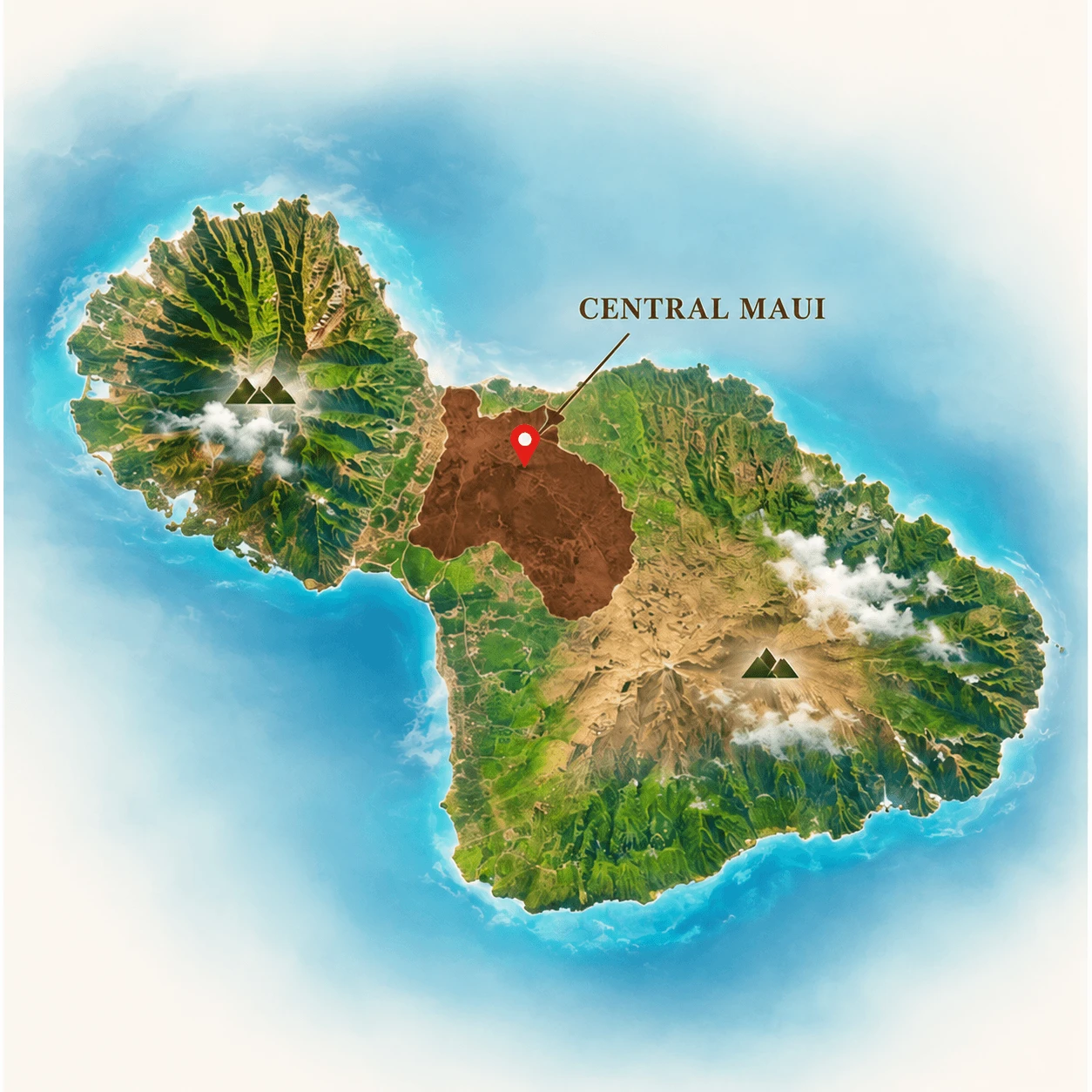 Map of Maui highlighting the coffee-growing area between the West Maui Mountains and Haleakalā