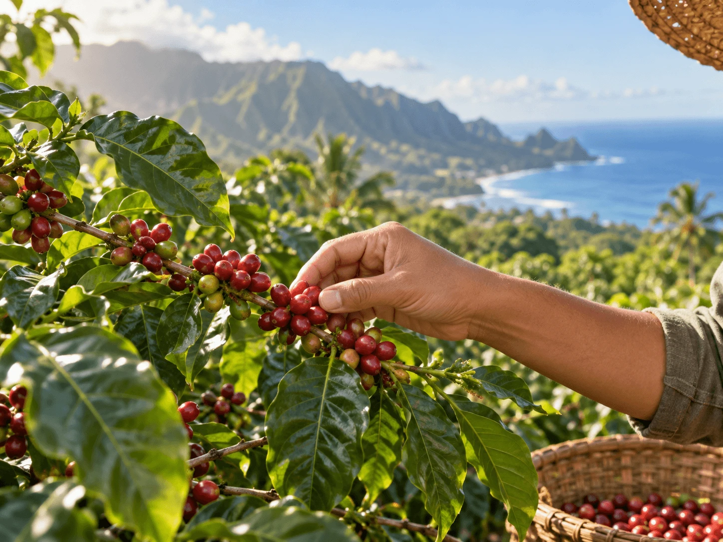 Ripe coffee cherries being picked from a coffee tree in Hawaii