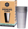A four pack of Ever Eco Stainless Steel Drinking Cups sitting next to its packaging.