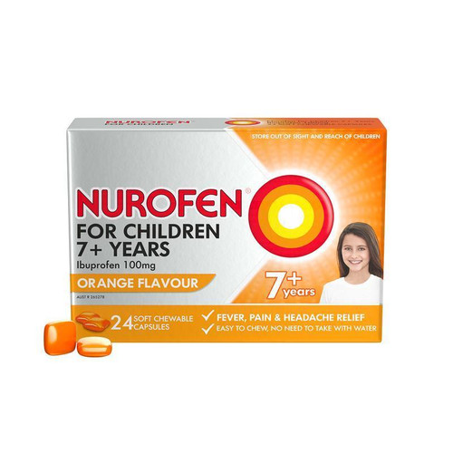 Nurofen For Children 7+ Pain and Fever Relief Chewable Capsules 100mg Ibuprofen Orange 24 pack