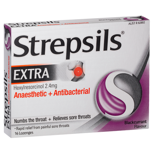 Strepsils Extra Blackcurrant Sore Throat Pain Relief with Anaesthetic Lozenges 16 pack