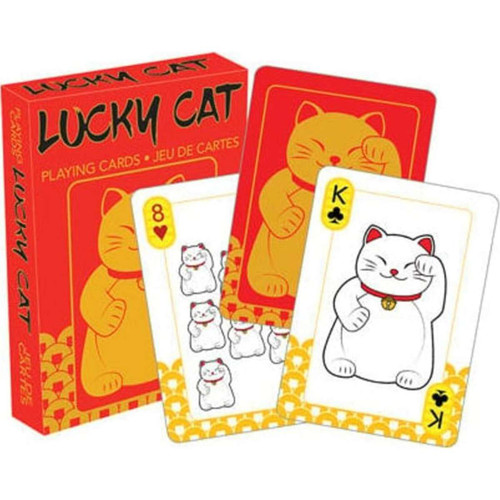 Lucky Cat Playing Cards Packet showing the front and back of three cards