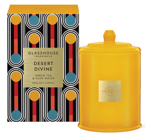 Glasshouse Fragrances Desert Design Soy Candle 380g next to its colourful box