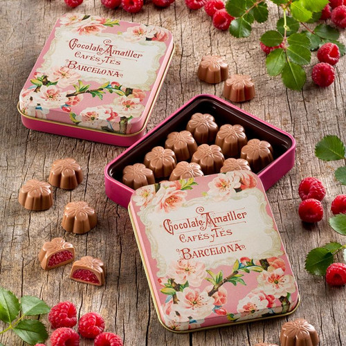 Chocolate Amatller Barcelona Milk Chocolate Raspberry Flower Pralines Tin 72g