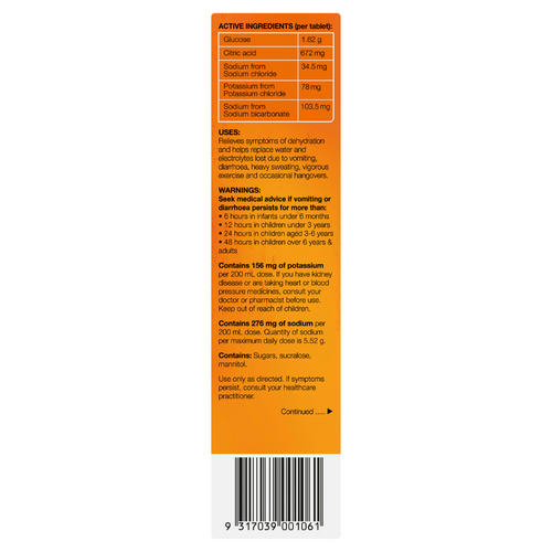 Side of a pack of Hydralyte Effervescent Electrolyte Tablets Orange Flavoured 20 Tablets showing directions of use