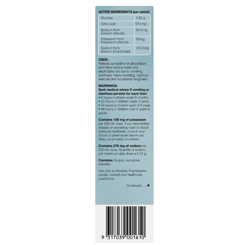 Side of a pack of Hydralyte Effervescent Electrolyte Tablets Lemonade Flavoured 20 Tablets showing directions of use