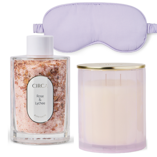 Circa Home Limited Edition Relaxation Gift Set with Honeysuckle & Frangipani Candle, Rose & Lychee Bath Salts and Eye Mask