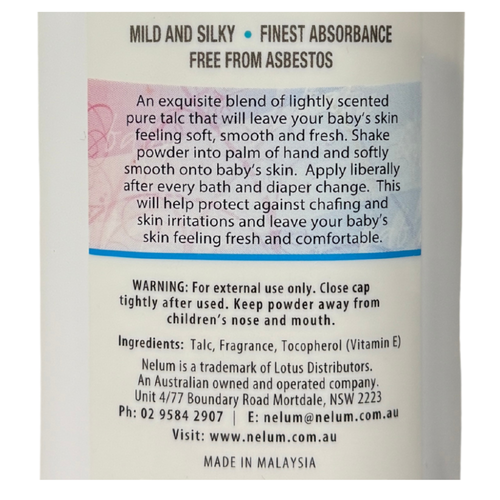 Nelum Baby Talcum Powder Contains Vitamin E back side of the product