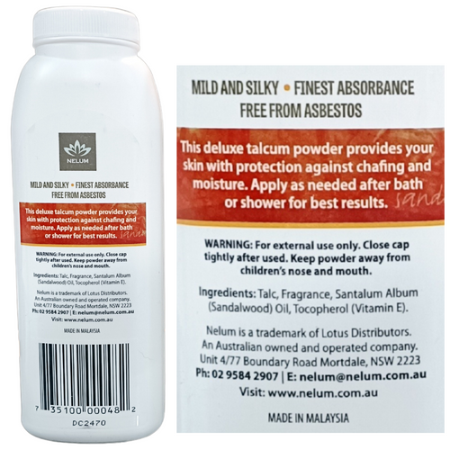 Nelum Sandalwood Talcum Powder Back Side of the package image