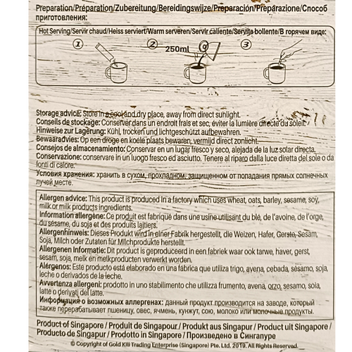 Gold Kili Instant Ginger Drink label information for preparation, storage and allergen advice