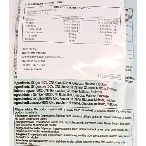 Gold Kili Instant Ginger Drink Nutritional and ingredients Information from the back of the packaging