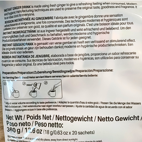 Gold Kili Instant Ginger Drink preparation information from the back of the packaging