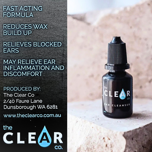 The Clear Co. Ear Cleanser 10mL bottle sitting next to its black box