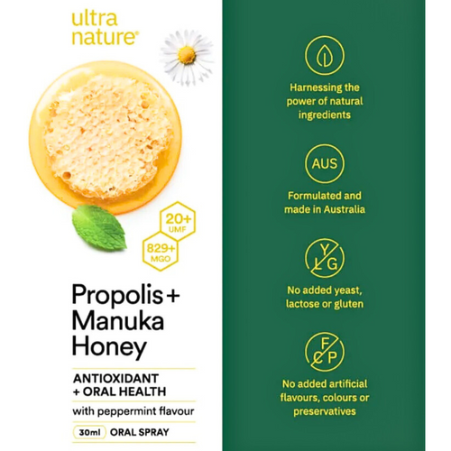 Ultra Nature Propolis & Manuka Honey Oral Spray Side View of the package