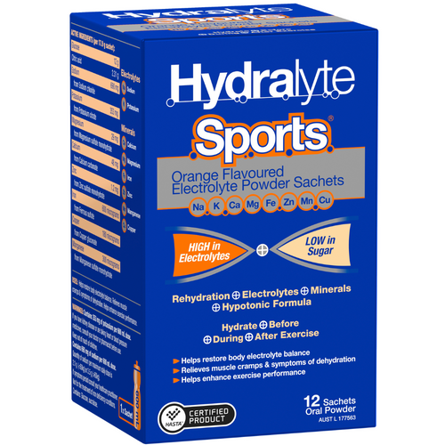 Hydralyte Sports Electrolyte Powder Orange Flavoured 12 Pack