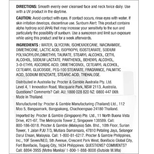Olay Luminous Niacinamide + Vitamin c Moisturiser Directions for use and ingredients