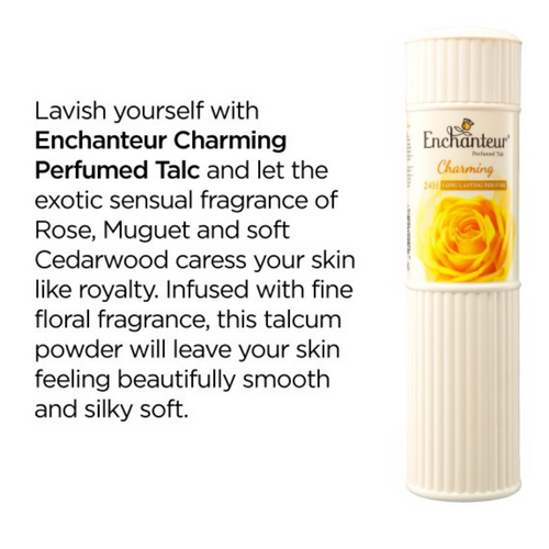 Enchanteur Charming Perfumed Talc Rose Muguet Cedarwood Body Powder 200g perfume notes description