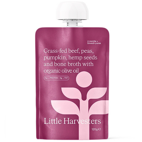 Little Harvesters Puree Pouch Grass-Fed Beef, Peas, Pumpkin, Hemp Seeds And Bone Broth With Organic Olive Oil 120g