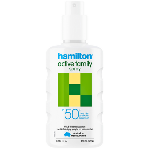 Hamilton Sunscreen Active Family Spray SPF 50+ Dry Touch Technology Body And Face 200mL Hamilton Sunscreen Active Family Spray SPF 50+ Dry Touch Technology Body And Face 200mL
