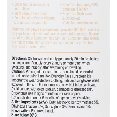Hamilton Sunscreen Everyday Face Lotion SPF 50+ Matte Finish Back View of the packaging