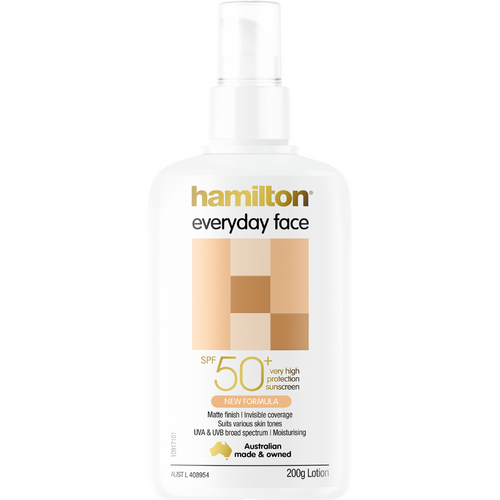 Hamilton Sunscreen Everyday Face Lotion SPF 50+ Matte Finish Suits All Skin Tones 200mL Hamilton Sunscreen Everyday Face Lotion SPF 50+ Matte Finish Suits All Skin Tones 200mL
