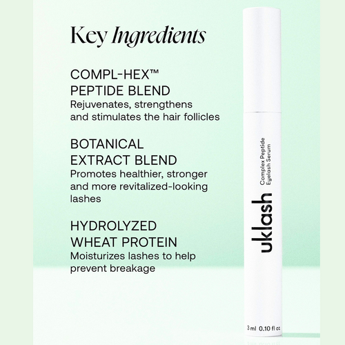 Image presents key ingredients of the UKLASH Complex Peptide Eyelash Growth Serum
