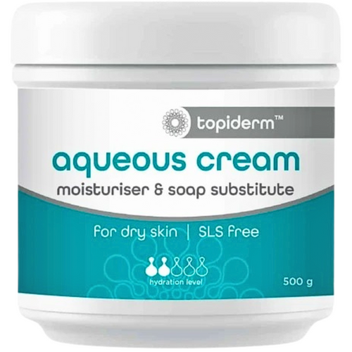 Topiderm Aqueous Cream Moisturiser And Soap Substitute SLS Free 500g Front View of the package