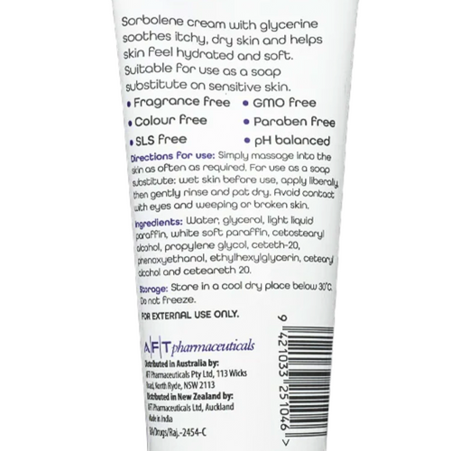 Topiderm Sorbolene Cream 10% Glycerine Moisturiser And Soap Substitute For Dry Sensitive Skin 100g back view of the packaging