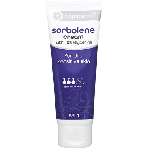 Topiderm Sorbolene Cream 10% Glycerine Moisturiser And Soap Substitute For Dry Sensitive Skin 100g front view of the packaging
