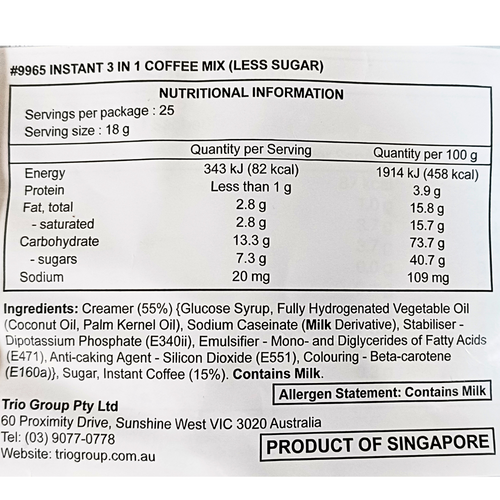 Gold Kili Instant 3-in-1 Coffee Mix Less Sugar Ingredients label from the back view of the package