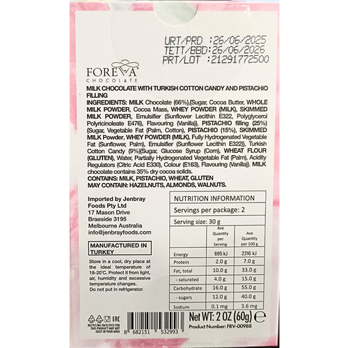Foreva Chocolate Angel Hair Milk Chocolate Turkish Cotton Candy And Pistachio Filling back view of the chocolate packaging