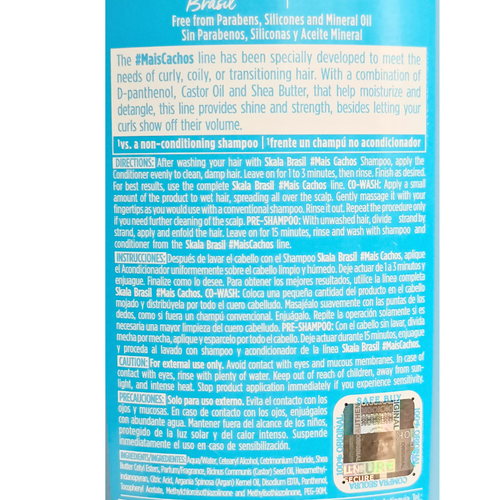Skala Brasil Mais Cachos Conditioner D-Panthenol Castor Oil And Shea Butter For All Types of Curls back view of the label