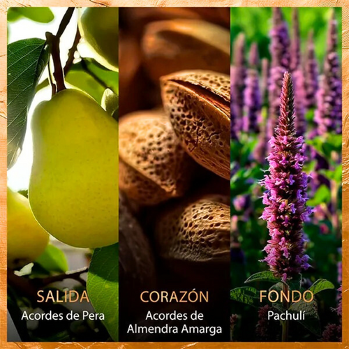 A juicy pear accord provides radiant freshness wrapped in a comforting note of bittersweet almond
