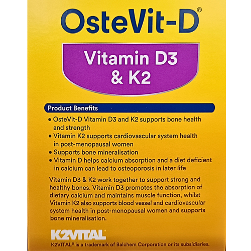 OsteVit-D Vitamin D3 and K2 back view of the packaging with the product benefits information