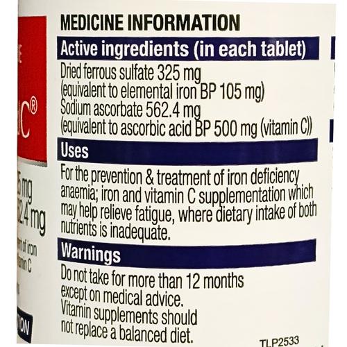 Ferro-Grad C Prevention and Treatment of Iron Deficiency Anaemia With Vitamin C back view of the label with ingredients and uses information