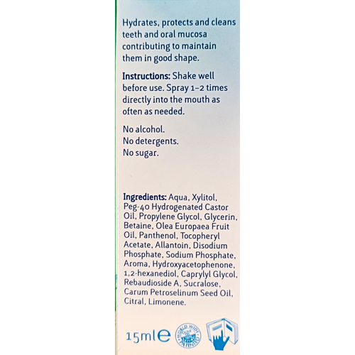 Xerostom with Saliactive Mouth Spray Ingredients Label from the packaging