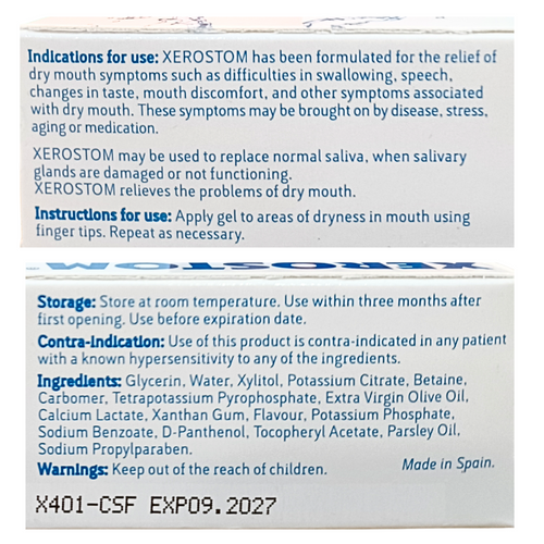 Xerostom with Saliactive Saliva Substitute Gel back View of the package with ingredients and indications for use.
