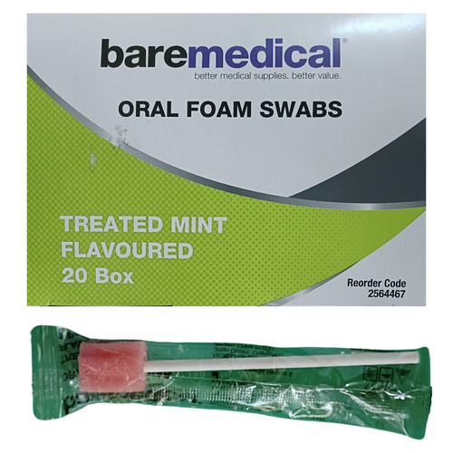 Image of BareMedical Oral Foam Swabs Treated Mint Flavoured 20 Pack box with a single swab beside it Image of BareMedical Oral Foam Swabs Treated Mint Flavoured 20 Pack box with a single swab beside it