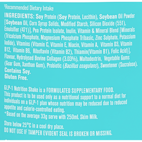 Image shows the ingredients label from the package of FBX GLP-1 Support Nutrition Shake Vanilla Flavour