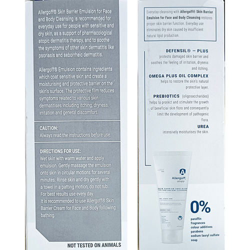 Allergoff Atopy Skin Barrier Emulsion for Face and Body Cleansing side view of the packaging