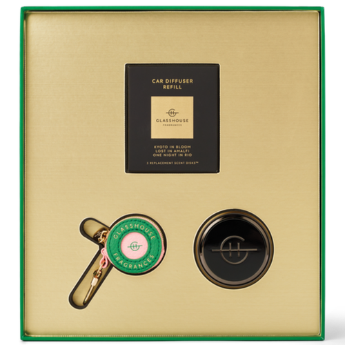 Glasshouse Fragrances Black Car Diffuser with 3 Scent Disk and Key Ring