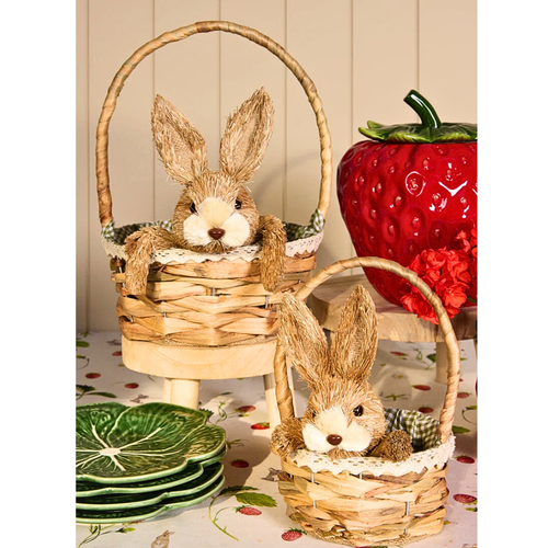 Holly And Ivy Large Ceramic Strawberry Canister Red on a table setting with bunnies