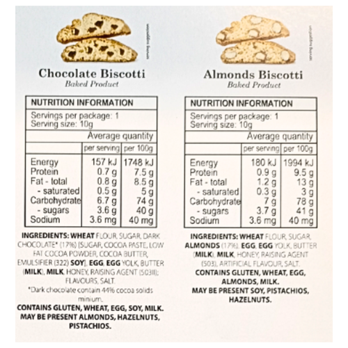 Ingredients list for Chocolate Biscotti & Almonds Biscotti