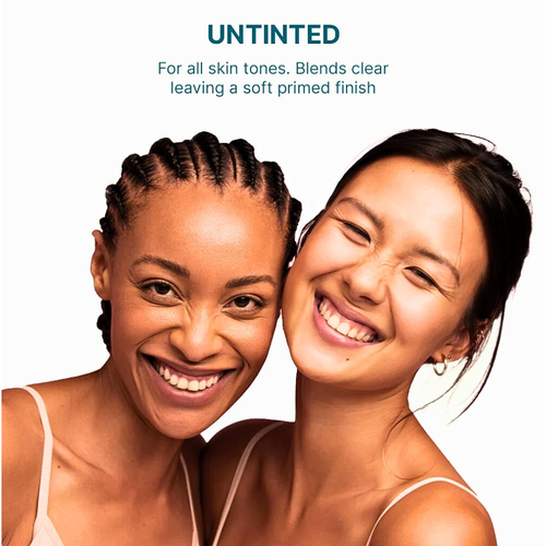 The image shows two different skin-toned women posing to show the effect after sunscreen application.