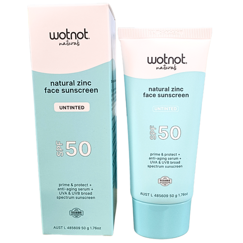 The image shows the product Wotnot Naturals Face Sunscreen with Serum and Primer Untinted SPF50 out of the box