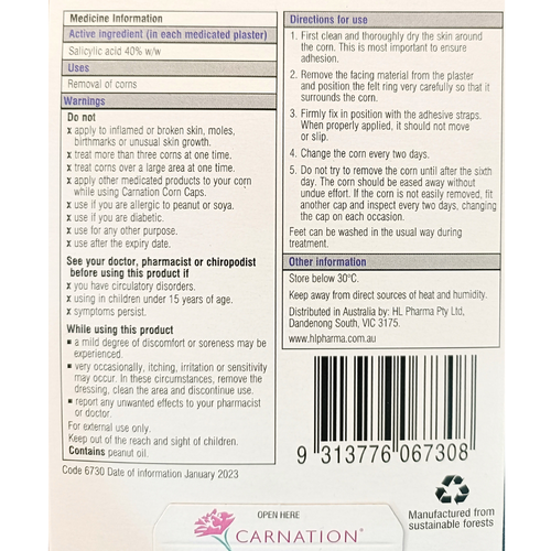 The image shows the information from the back of the Carnation Corn Caps Salicylic Acid 40% w/w package